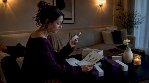 Woman selecting Korean skincare products at desk